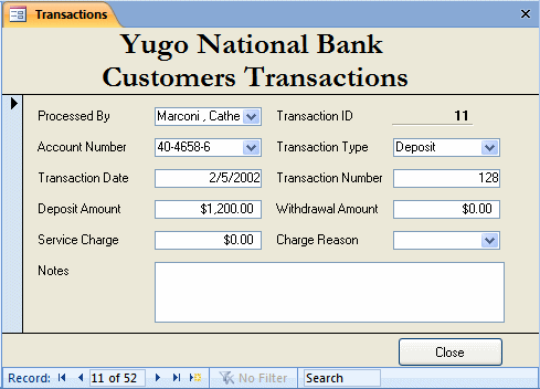 Yugo National Bank - Customers Transactions