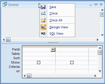 The menu of a query window