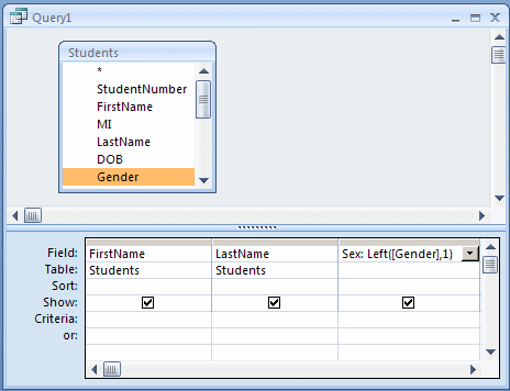 If you have a column named Gender and that displays the genders as Male and Female but you want to display only M or F respectively, you can use the Left() function in an expression as LEFT(Gender, 1)