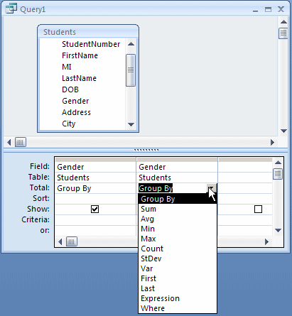 To get the types of statistics you want, in the Design View of the query, add the same column one more time, and click the Total box that corresponds to the column