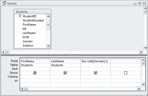 If you have a column named Gender and that displays the genders as Male and Female but you want to display only M or F respectively, you can use the Left() function in an expression as LEFT(Gender, 1)