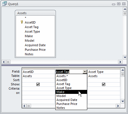 To replace a column, click the arrow on the combo box that displays its name and select a different field from the list
