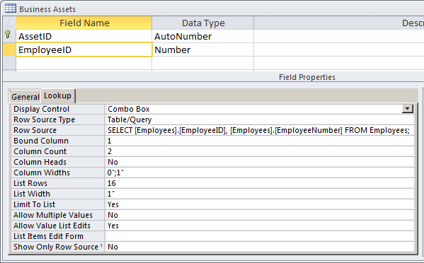 The configurations of the lookup field can be found in the Lookup section of the bottom part of the table in Design View