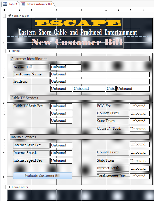Eastern Shore Cable and Produced Entertainment - New Customer Bill - Form Design