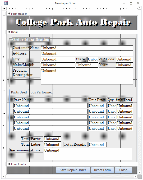 College Park Auto Repair - New Repair Order