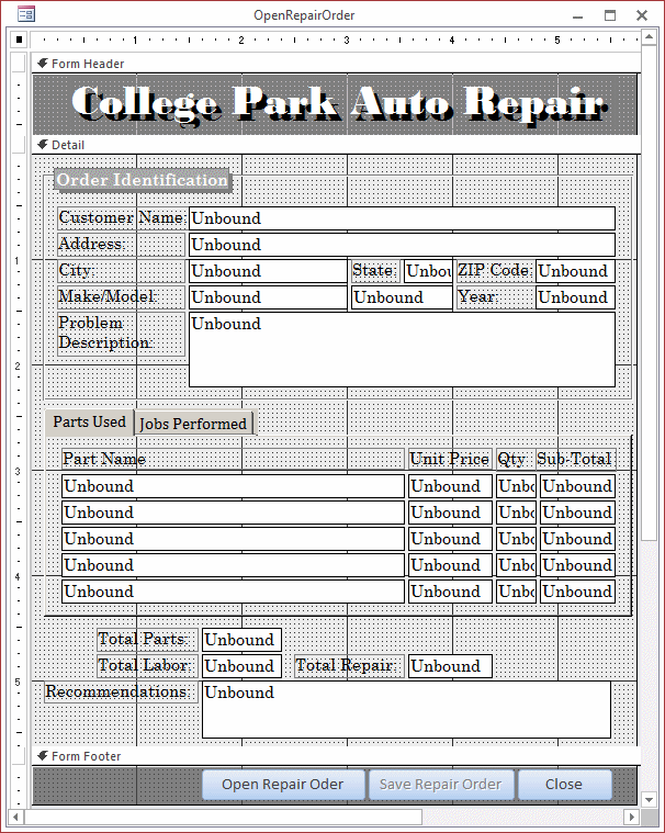 College Park Auto Repair - Opem Repair Order