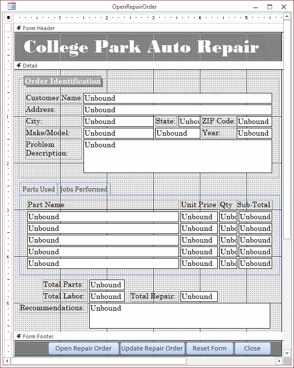 College Park Auto Repair - Open Repair Order