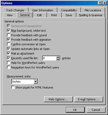 The General tab of the Options dialog