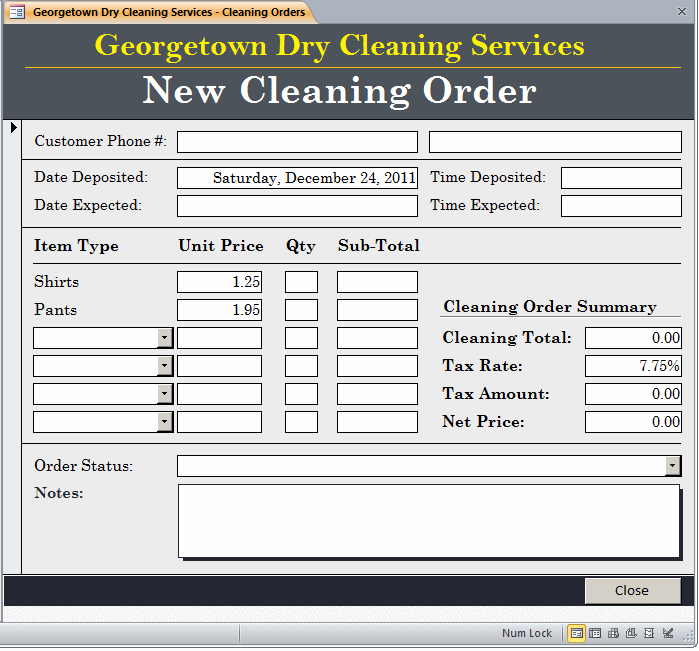 Georgetown Dry Cleaning Services - New Cleaning Order