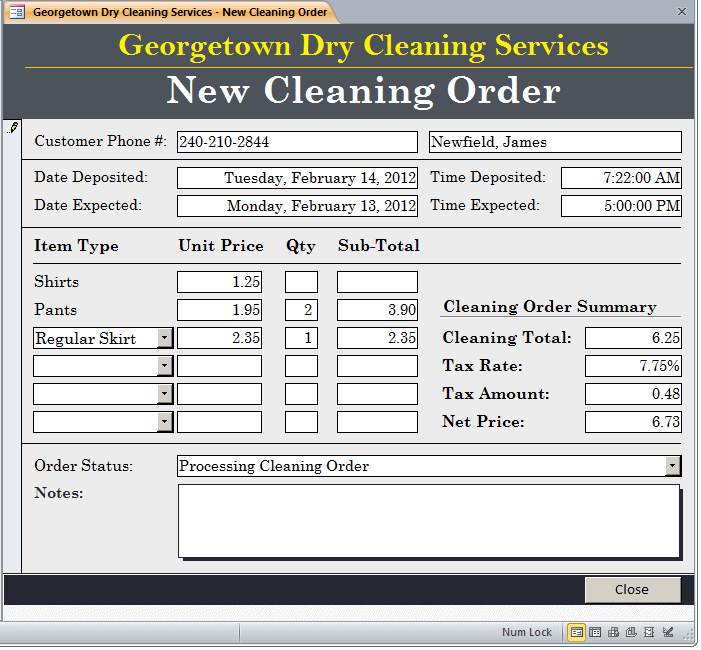 Georgetown Dry Cleaning Services - New Cleaning Order