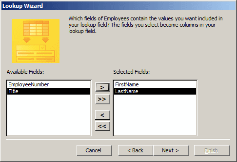 In the Available fields list of the third page of the wizard, double-click RoomNumber