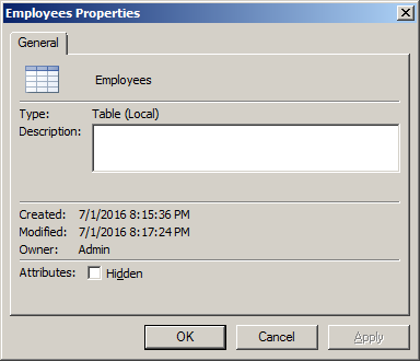 The Properties Dialog Box of a Table