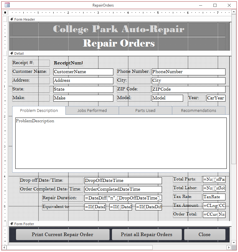 College Park Auto-Repair - Form Design - Printing Configuration