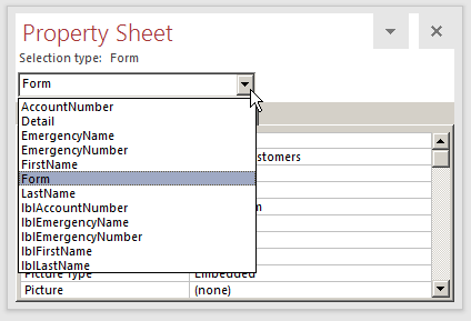 Selecting an Item in the Properties Window