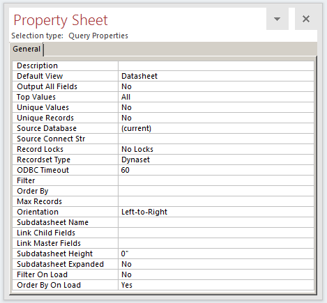 The Property Sheet of a Query