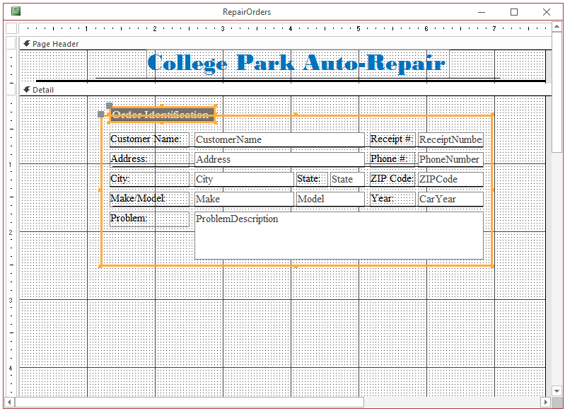 College Park Auto-Repair - Report Design - Repair Orders