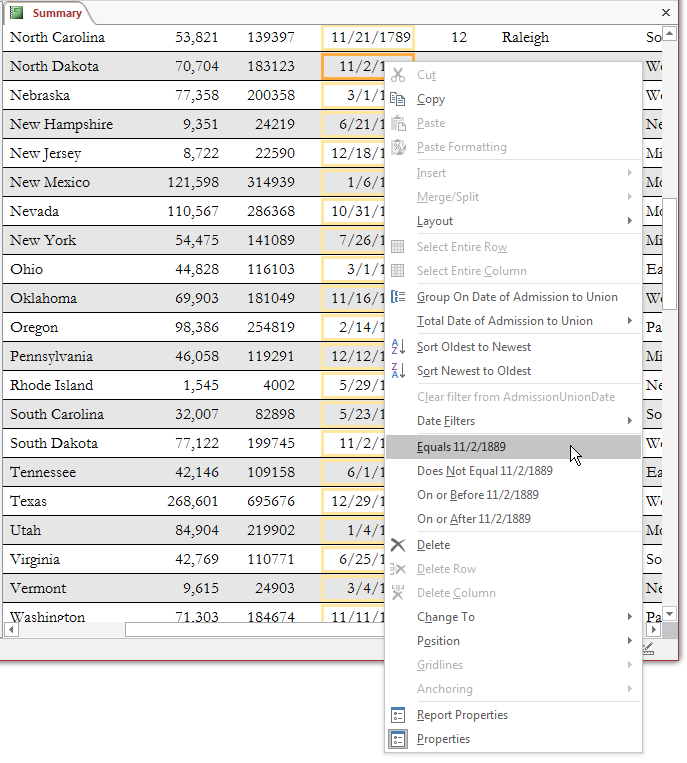 Filtering by Selection for Date/Time Values