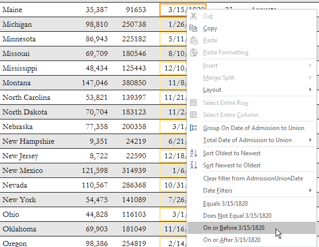 Filtering by Selection for Date/Time Values