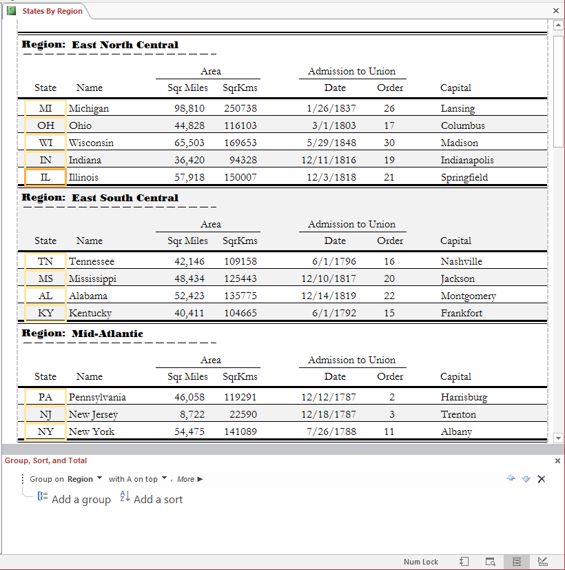 States Statistics - Print Preview Report