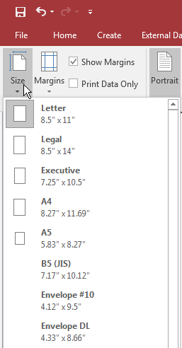 To see the sizes you might be familiar with already, while a report is displaying in Design View, you can click the Page Setup tab of the Ribbon and click the Size button