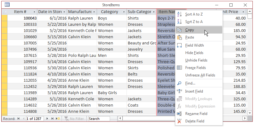 Selecting and Copying the Values of a Column