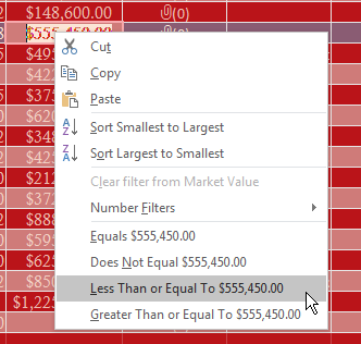 Filtering by Selection for Numbers