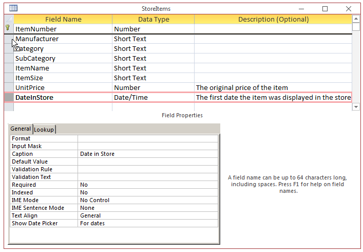 Table Design View - Field Selection