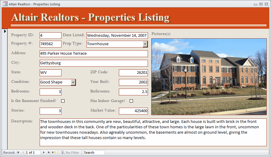 Notice that the form shows a property and the Current Record display 1 of 1