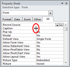 Resizing the Sections of a Tab in the Properties Window