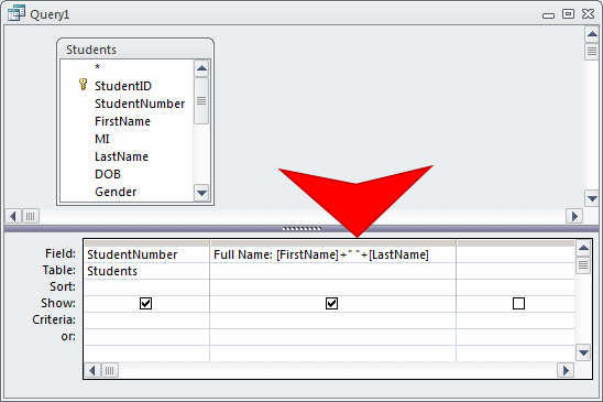 To concatenate two column names, you can use the + operator. To concatenate more than two strings, enter their names separated by + operators. An example would be: FirstName + " " + LastName. To do this for a query, open it in Design View. In a Field box, enter the concatenating expression.