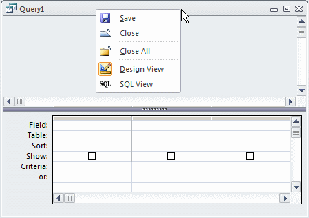 The menu of a query window