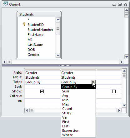 To get the types of statistics you want, in the Design View of the query, add the same column one more time, and click the Total box that corresponds to the column