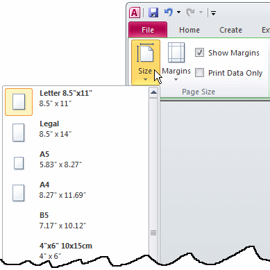 To see the sizes you might be familiar with already, while a report is displaying in Design View, you can click the Page Setup tab of the Ribbon and click the Size button