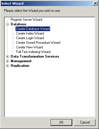 The Select Wizard dialog box allows you to perform all kinds of database-related operations, including creating a new database