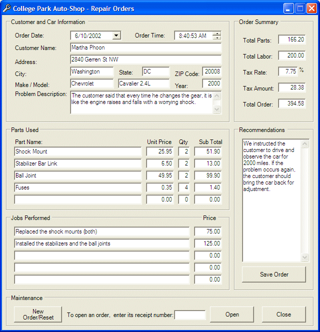 ADO.NET Example Applications: College Park Auto-Shop