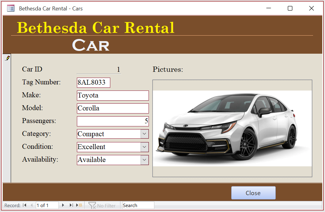 Bethesda Car Rental - Car Record