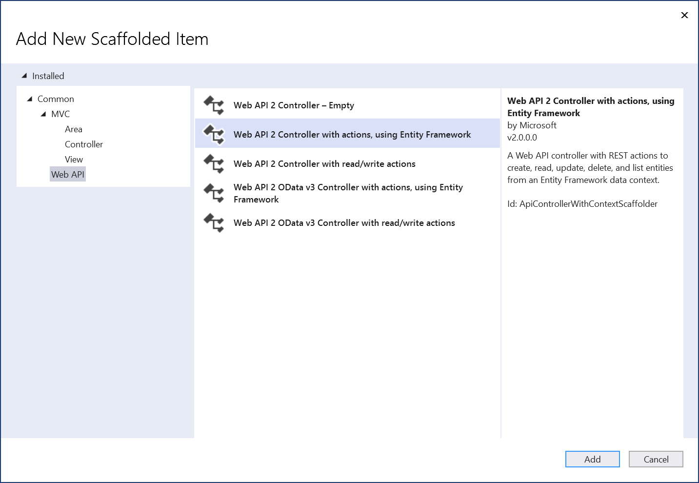 Add New Scaffolded Item Dialog Box - Web API 2 Controller With Actions, Using Entity Framework