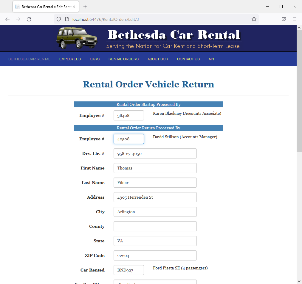 Bethesda Car Rental - Rental Order Rturn