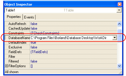 Setting the path for the database table