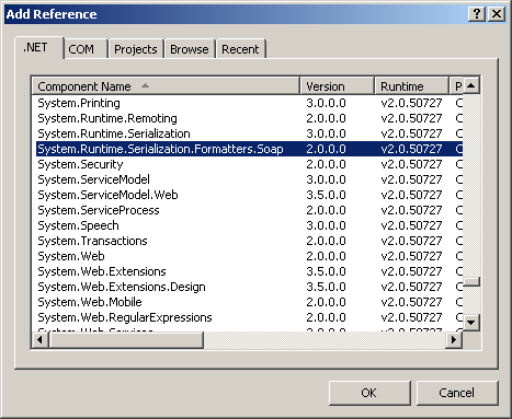 Adding a reference to the System.Runtime.Serialization.Formatters.Soap.dll assembly