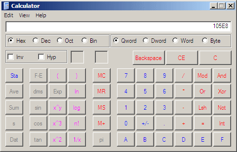 The Calculator application displaying a hexadecimal number