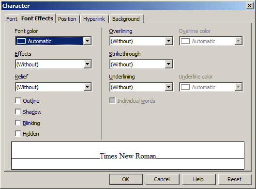 The Font Effects tab of the Character dialog box displays various combo boxes