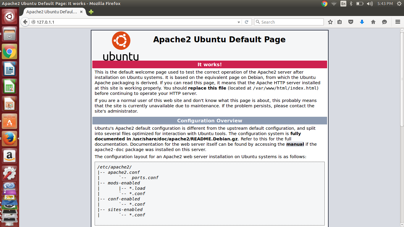 The first webpage after Apache installation
