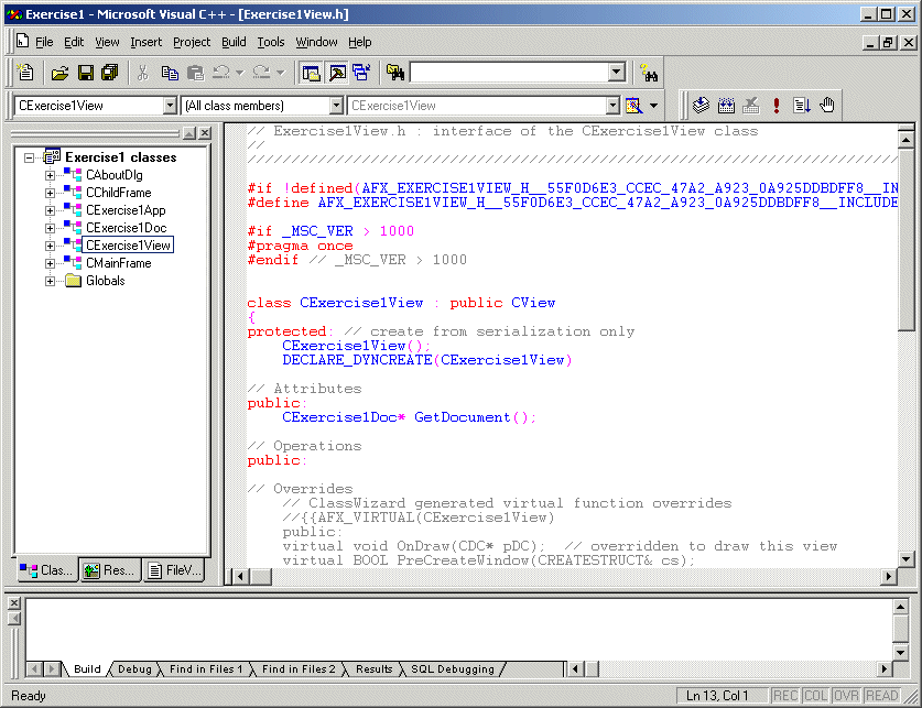 Microsoft Visual C++ 6: The Integrated Development Environment displaying the source code of an SDI