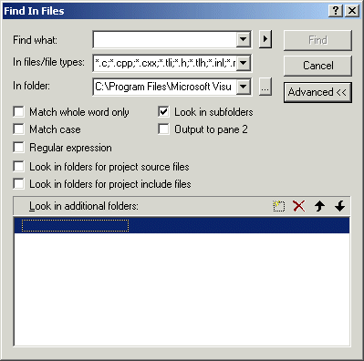 The Find In Files Dialog Box when expanded