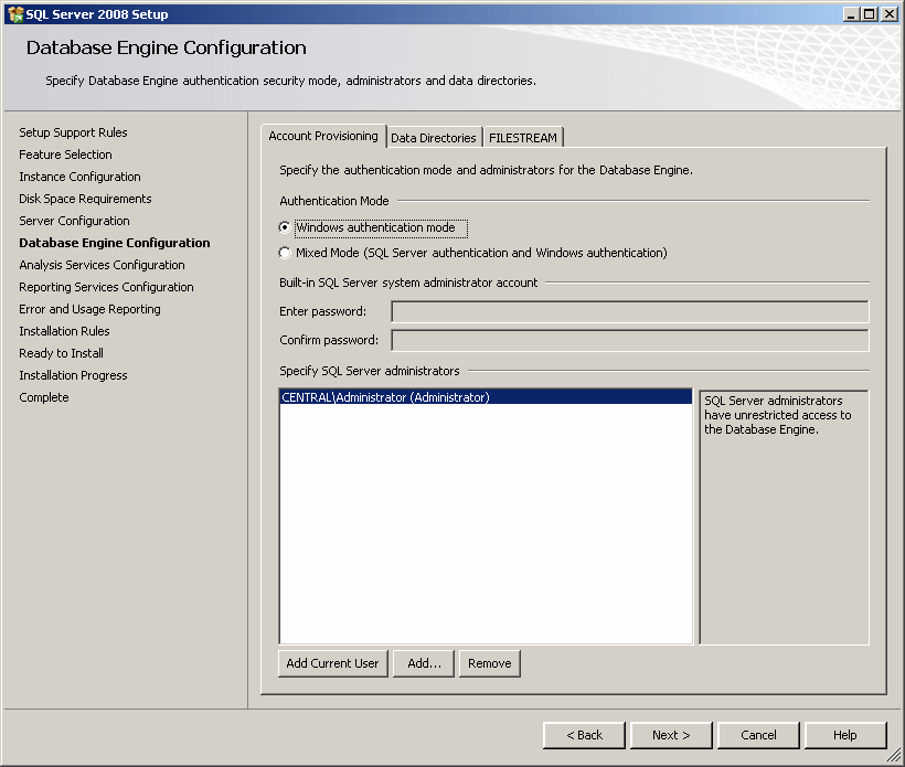 Database Engine Configuration