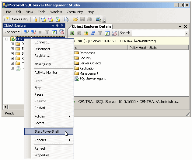 Starting PowerShell from the Object Explorer