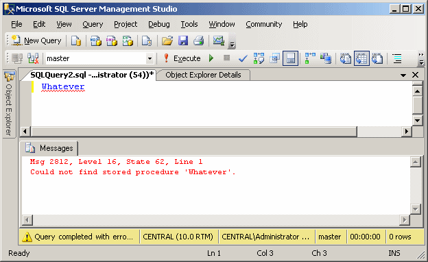 Microsoft SQL Server Management Studio: An error in the Query window