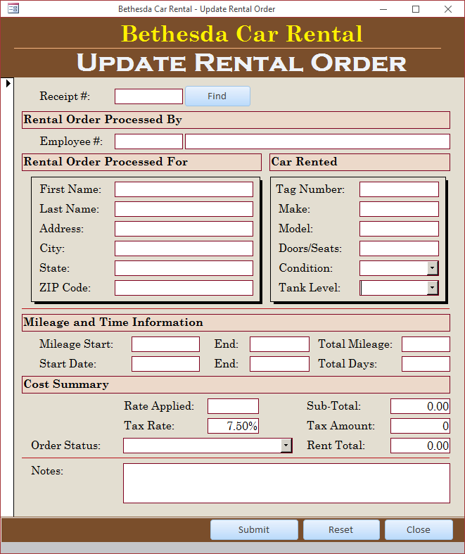 Bethesda Car Rental - Update Rental Order