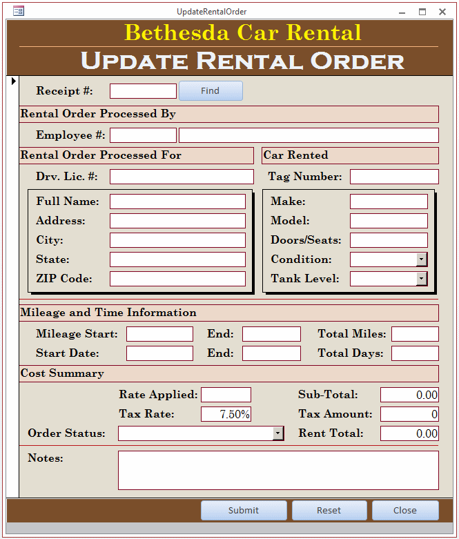 Bethesda Car Rental - Update Rental Order